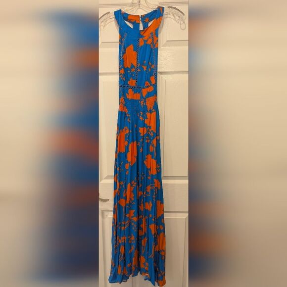 Anthropology ABEL THE LABEL Charlotte Floral Boho Halter Blue Long Maxi Dress L - Picture 3 of 10